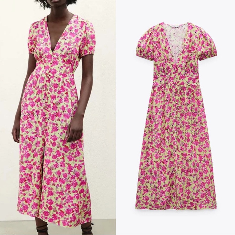 ZARA yellow pink mid dress.